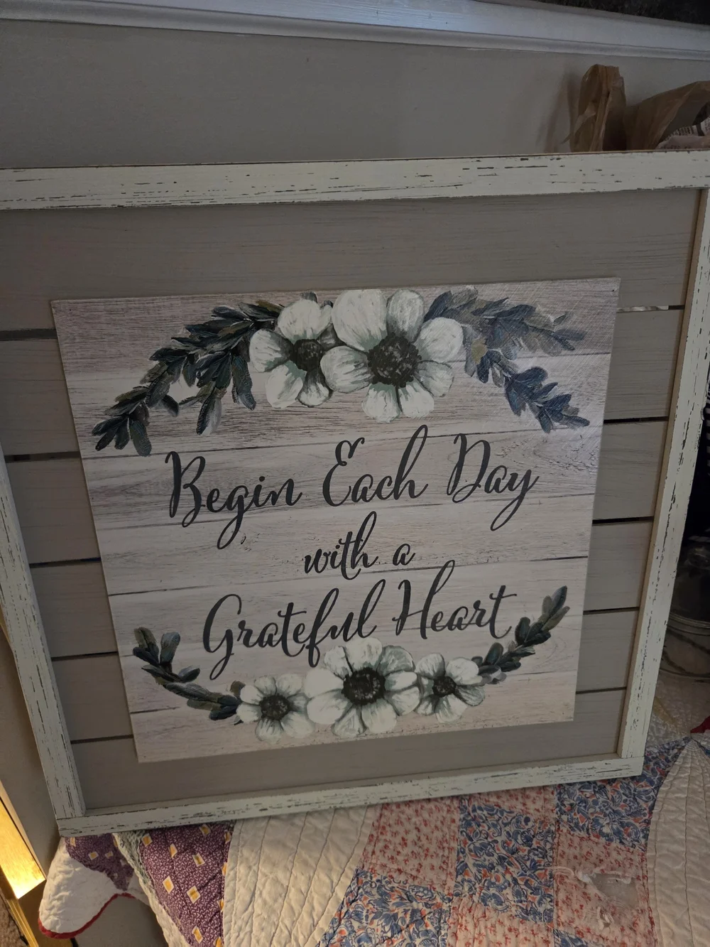 Begin Each Day With a Grateful Heart Wall Art White Floral Wall Decor Art